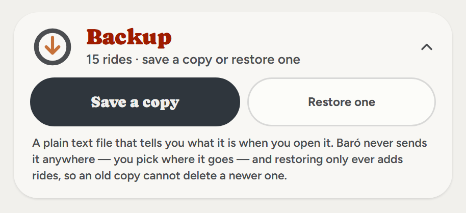 Backup: save a copy or restore one, a plain text file Baró never sends anywhere