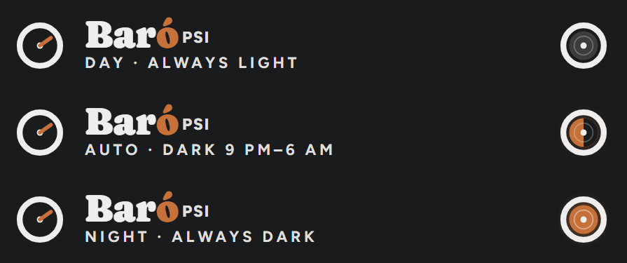 The brand row at night in its three headlight states: day, auto and night