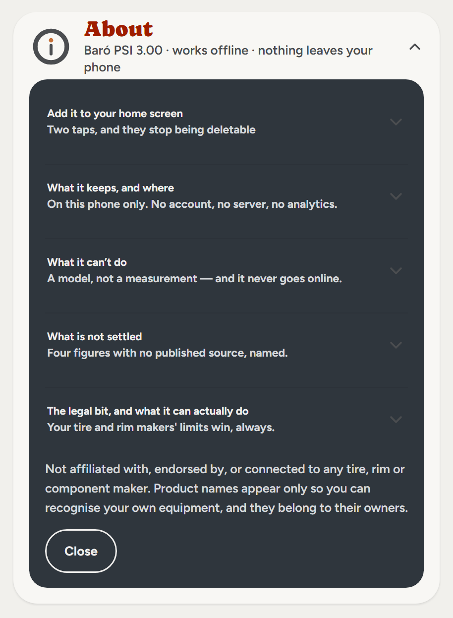 The About card, open: add it to your home screen, what it keeps and where (on this phone only, no account, no server, no analytics), what it cannot do, what is not settled, and the legal limits