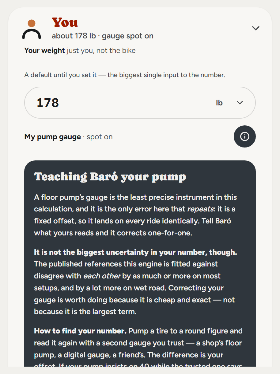 The You card, open: your weight, your pump gauge, and the panel explaining how to find your gauge's own error